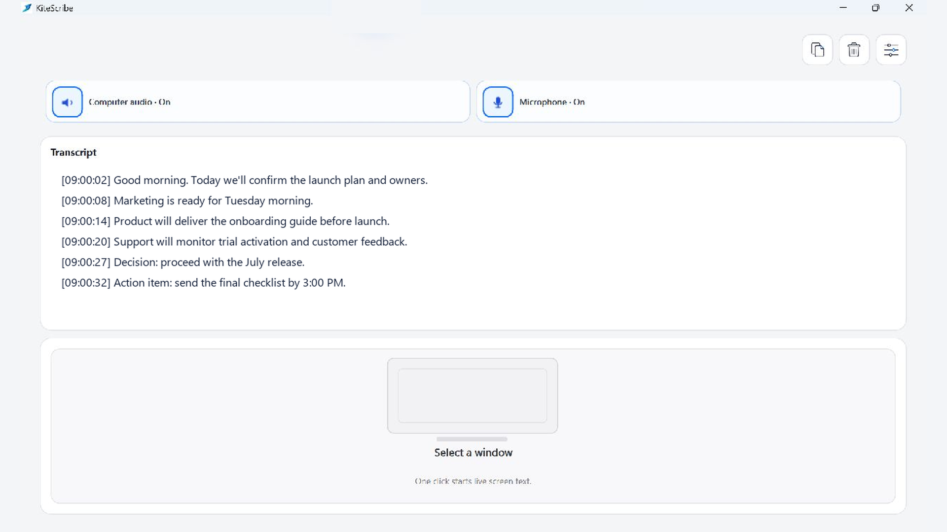 KiteScribe Simple mode showing a live timestamped launch-planning transcript