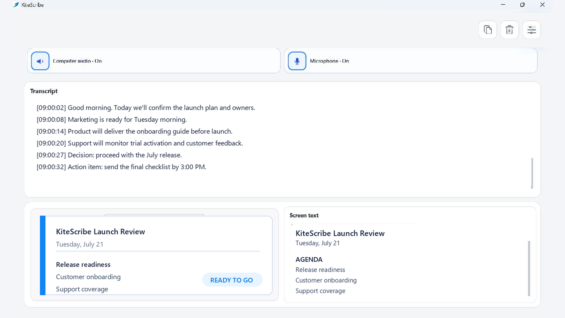 KiteScribe displaying a selected launch review window beside locally captured OCR text